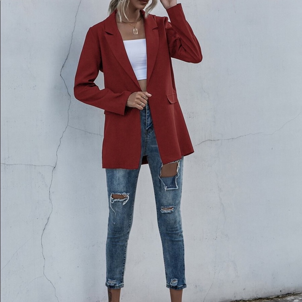 Black collar open front classic blazer work - Picture 7 of 11